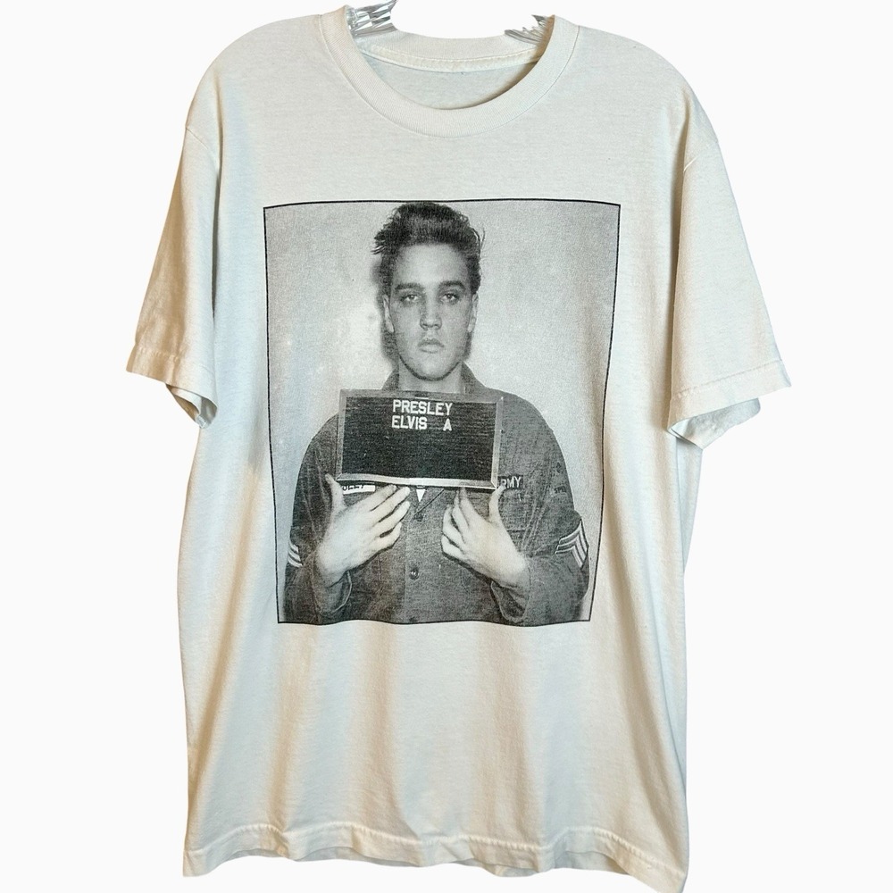 VTG Elvis Presley Army Mugshot  Photo Men's T-shirt Large Delta Tag Cut Off